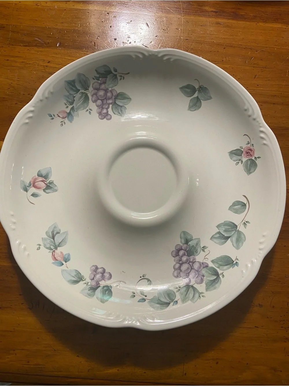Pfaltzgraff Grapevine White Chip & Dip Platter Purple Grape and Pink Rose  12”
